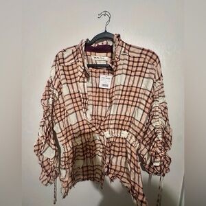 Free People Checkered Ruched Blouse in Brown and Cream